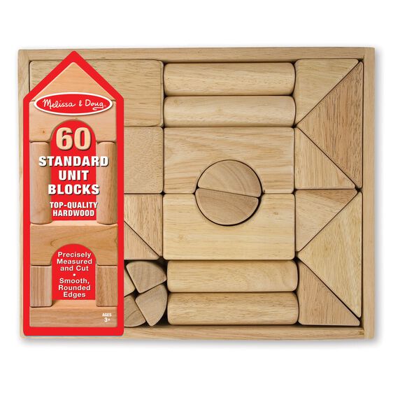 Wooden Blocks Set with 60 smooth, natural hardwood unit blocks neatly arranged in a wooden storage crate for creative play