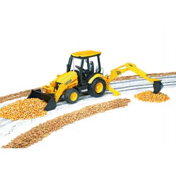 LCB MIDI CX Backhoe Loader model with functional front shovel and backhoe loading unit working on a pile of grains.