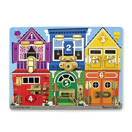Latches Board wooden play toy with 6 colorful numbered doors featuring various metal latches for fine motor skill development.
