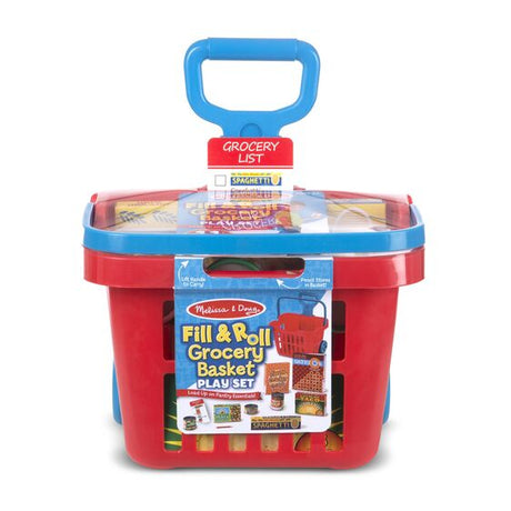 Fill & Roll Grocery Basket with handle, reusable shopping list, and play food boxes and cans for kids.