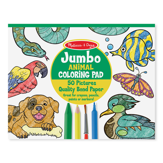 Animals Coloring Book jumbo pad with 50 quality bond paper pages featuring colorful animals and drawing tools.