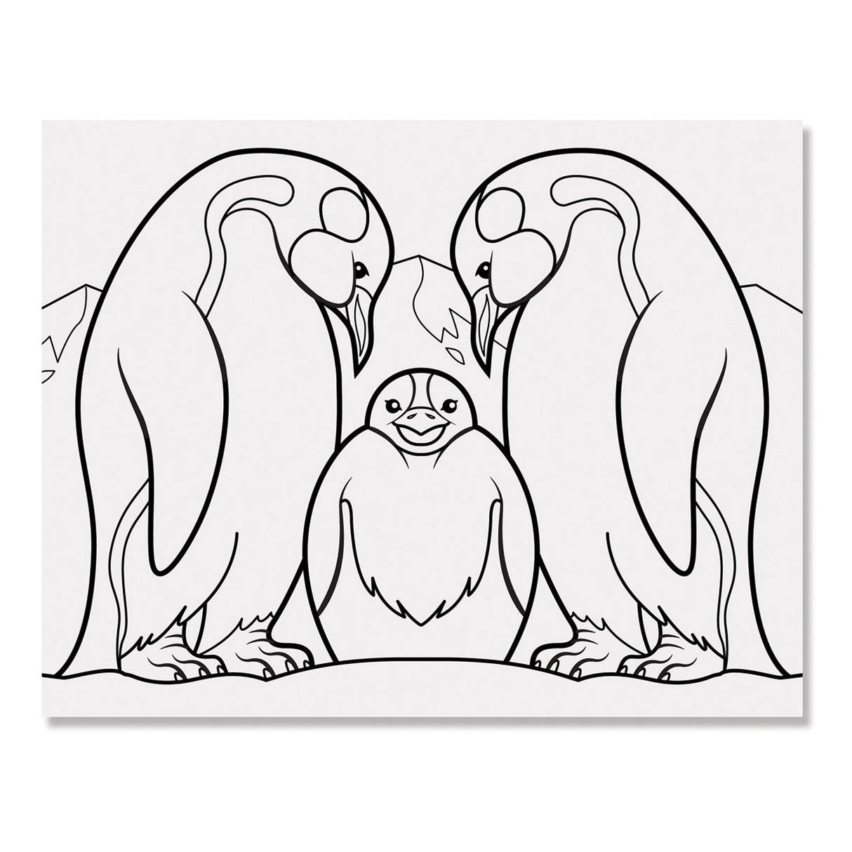 Animals Coloring Book coloring page with outline of two adult penguins and one baby penguin on oversized sheet