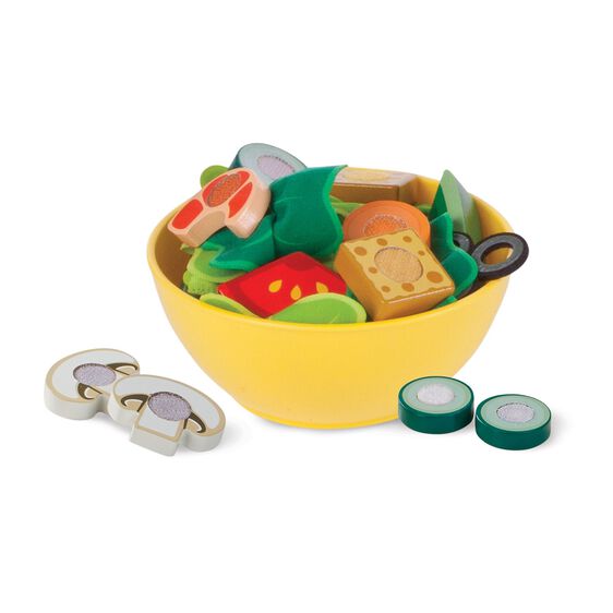 Slice & Toss Salad wooden play set with felt greens, wooden veggies, and toppings in a yellow bowl for kids' pretend play.