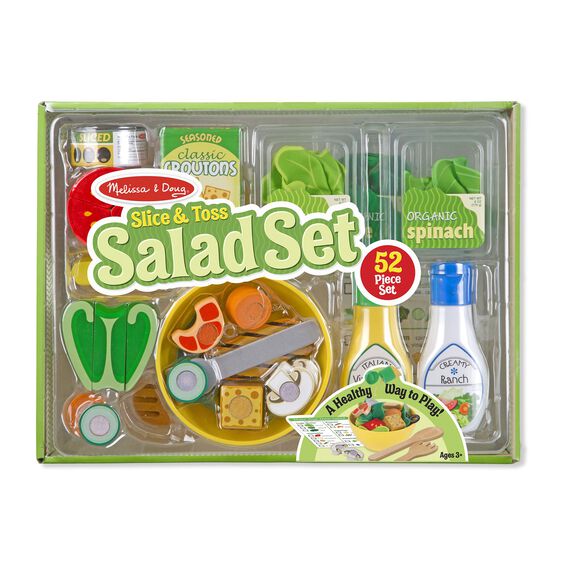 Slice & Toss Salad set with 52 pieces including wooden veggies, greens, proteins, toppings, and dressing bottles for pretend play.