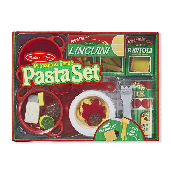 Prepare & Serve Pasta Set with felt pasta, sauce, cooking pot, colander, utensils, and pasta-making accessories for imaginative play.