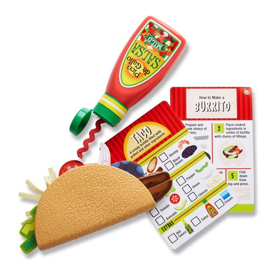 Taco & Torilla Set with felt taco, salsa bottle pouring string, and double-sided recipe cards for pretend play.