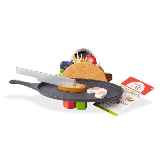 Taco & Tortilla Set with wooden skillet, sliceable food pieces, taco shell, and recipe cards for pretend play meals.