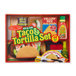 Taco & Tortilla Set with play food, wooden utensils, skillet, felt tortillas, toppings, and recipe cards for pretend Tex-Mex cooking.