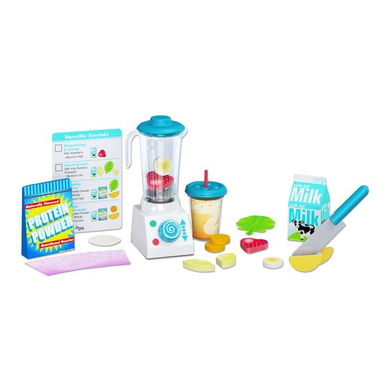 Smoothie Maker Blender Set with wooden fruits, knife, protein powder, milk carton, cup, and reusable menu card for pretend play.