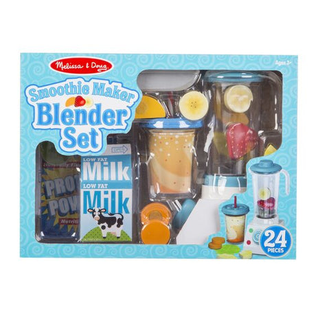 Smoothie Maker Blender Set with pretend wooden fruits, milk carton, protein powder, blender base, jar, lid, and play accessories.