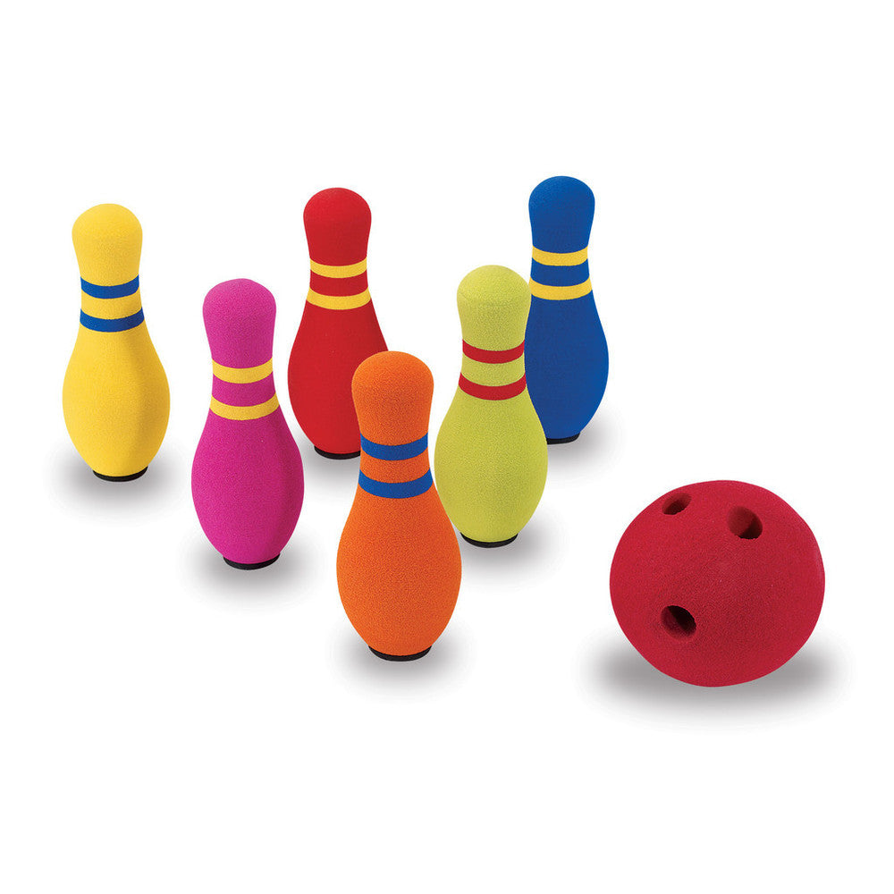 Bowling set with six colorful foam pins and a red foam ball for indoor and outdoor play, perfect for ages 3+.