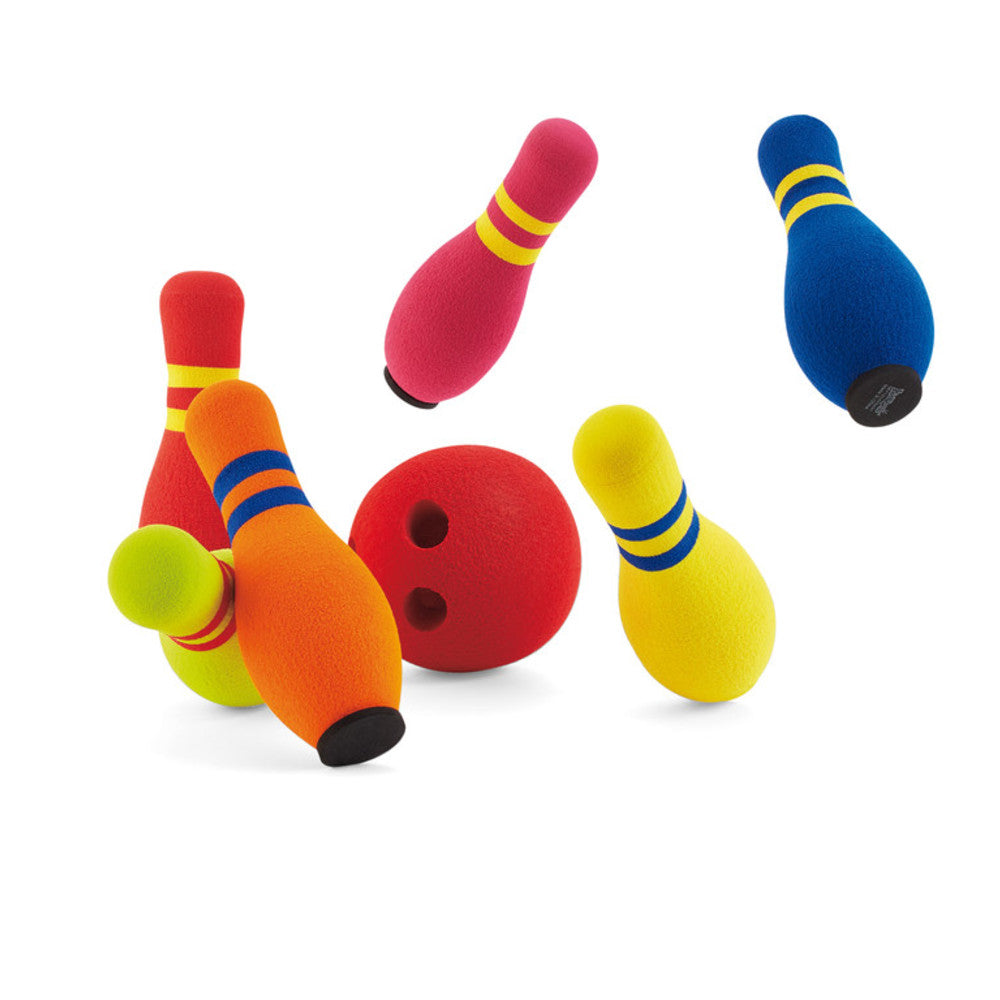 Bowling set with six colorful foam pins and a red foam ball designed for safe indoor and outdoor play.