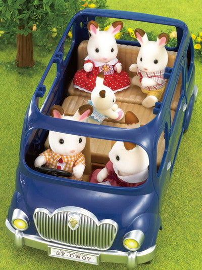 Family Seven-Seater with blue car and Calico Critter figures, seats seven including three baby seats with safety straps.
