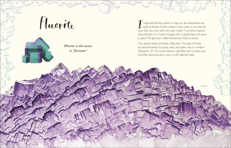 Wonders of Nature showing detailed photographic and illustrated views of purple fluorite crystals and educational text.