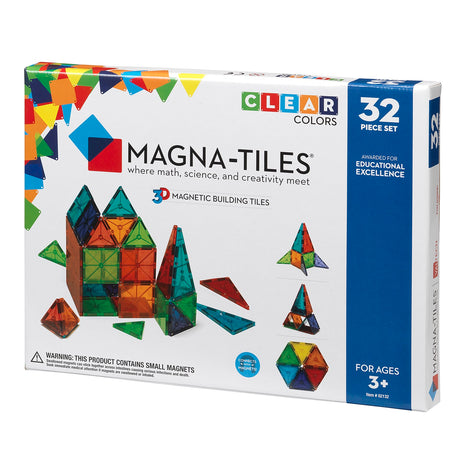 Magnatiles Clear 32pc set with colorful translucent magnetic building tiles for creative STEM play ages 3 and up