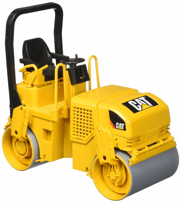 CAT Asphalt Drum Compactor toy replica in yellow with detailed rollers and narrow turn radius for small construction play.
