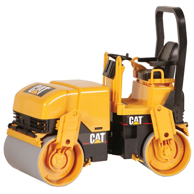 CAT Asphalt Drum Compactor toy model with detailed rollers and articulated steering in yellow and black design.