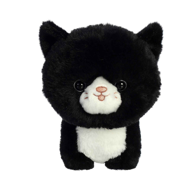 Tuxedo Cat plush toy with soft black and white fur, round head, and cute facial expression, 8.5 inches tall.