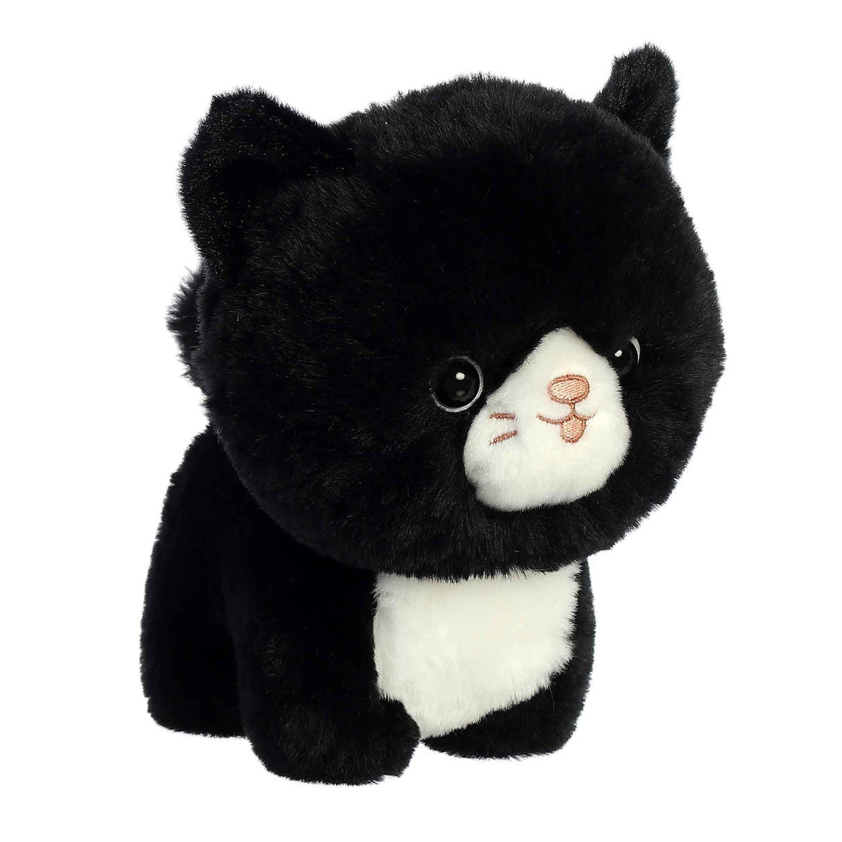 Tuxedo Cat plush with oversized round head, triangular ears, soft black and white fur, and a lovable expression.