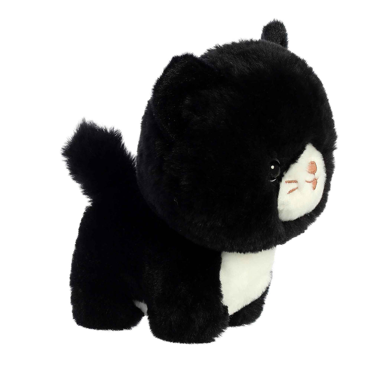 Tuxedo Cat plush with soft black and white fur, oversized round head, and sweet lovable expression, 8.5 inches tall.