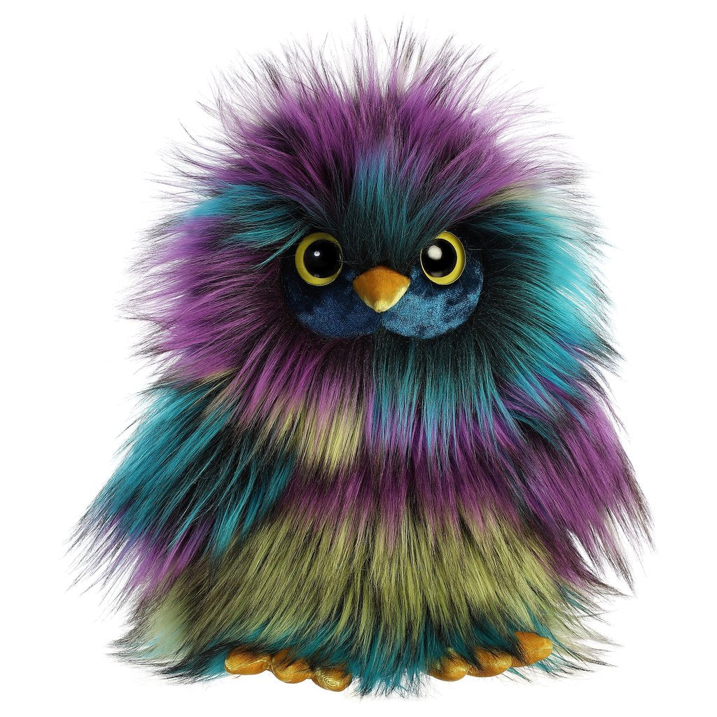 Owl Eden plush toy with dark purple, teal, black, and yellow fur, fluffy wings, and round eyes, 10 inches tall.
