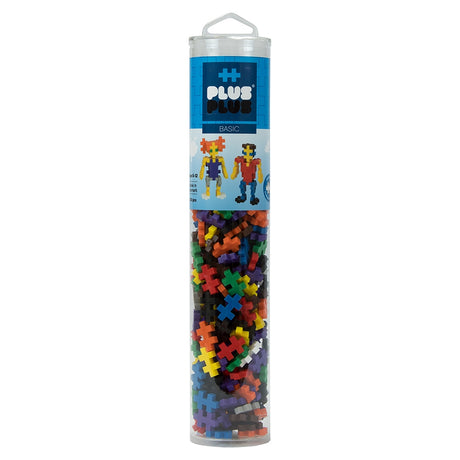 Plus Plus Basic 240pc colorful building bricks in a clear travel-friendly container for creative play.