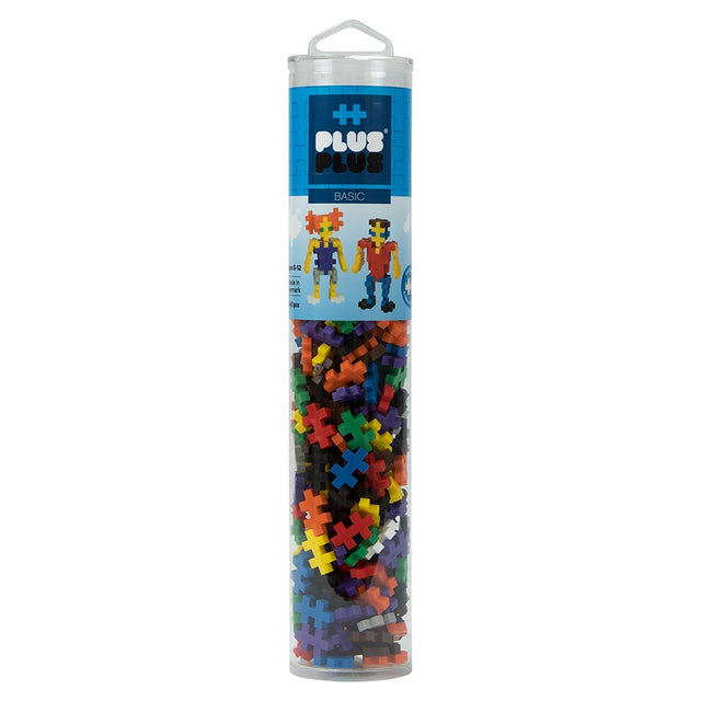 Plus Plus Basic 240pc colorful building bricks in a clear travel-friendly container for creative play.