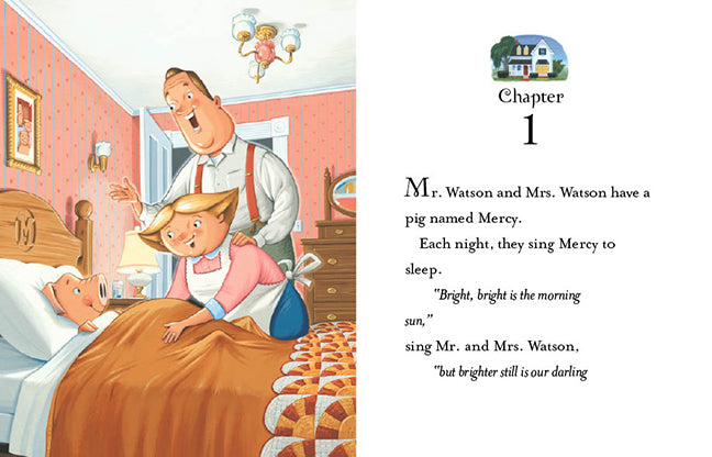 Mercy Watson to the Rescue book illustration showing Mr. and Mrs. Watson tucking Mercy the pig into bed.