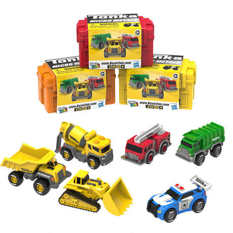 Tonka Micro Metals assorted mini construction and emergency vehicles in reusable toolbox capsules for kids ages 3 and up.