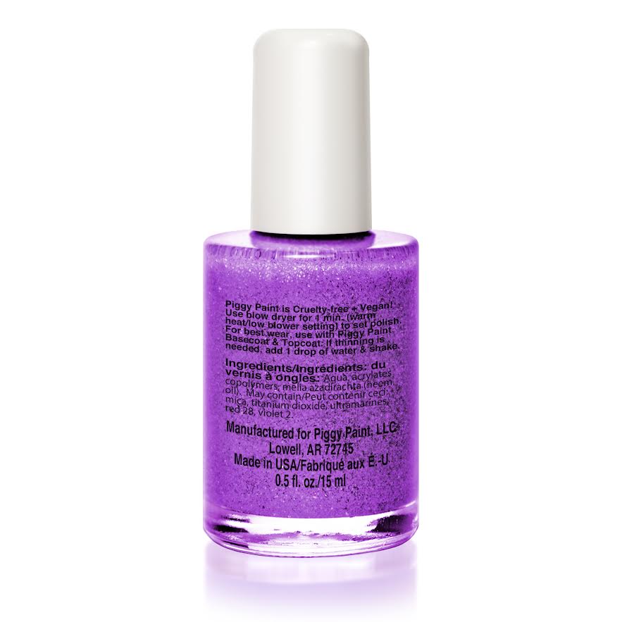 Bottle of Nail Polish Let's Jam in bright purple glitter, non-toxic and safe for all ages, cruelty-free and vegan.