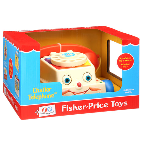 Fisher Price Chatter Phone pull-along toy with rolling eyes, rotary dial, and colorful design in packaging.