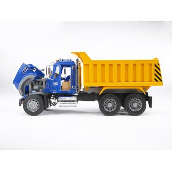 Mack Granite Tip Up Truck with realistic cabin, tilting engine bonnet, and yellow tip-up dump bed for kids 3+ years.