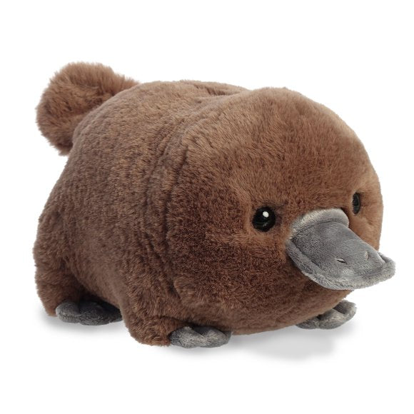 Spudster Platypus Pongo plush toy with warm brown fur, gray feet and bill, soft and cuddly, 10 inches long.