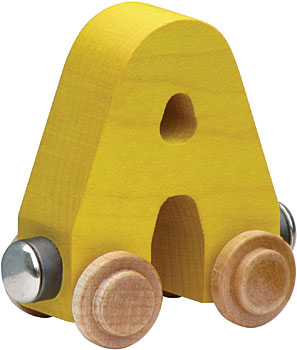 Nametrain Letter A wooden toy train car in yellow with natural wood wheels, crafted from sustainably-harvested maple.