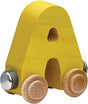 Nametrain Letter A wooden toy train car in yellow with natural wood wheels, crafted from sustainably-harvested maple.