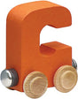 Nametrain Letter C wooden train car in orange with natural wheels, crafted from sustainably harvested maple wood.