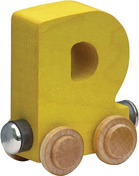Nametrain Letter D wooden toy car in yellow with wheels, made from sustainably-harvested maple for kids ages 3 and up.