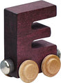 Nametrain Letter E wooden train car in dark stain with natural wheels, sustainably made for kids ages 3 and up.