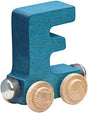 Nametrain Letter F wooden train car in blue, sustainably made from Vermont maple, for kids' name train sets.