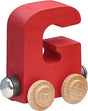 Nametrain Letter G wooden train car in red with natural wood wheels for kids, part of a name train set.