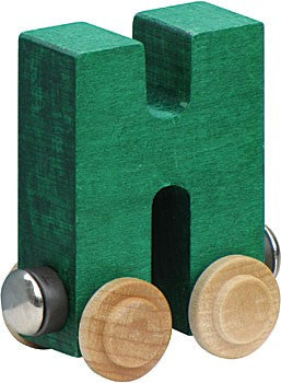 Nametrain Letter H wooden train car in green with wheels, part of the name train set for kids ages 3 and up.