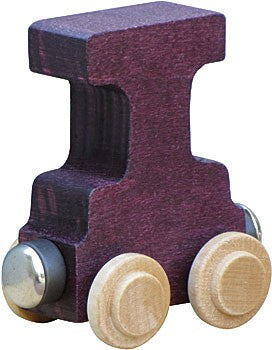 Nametrain Letter I wooden train car in purple with natural wheels, part of a kids' name train set.