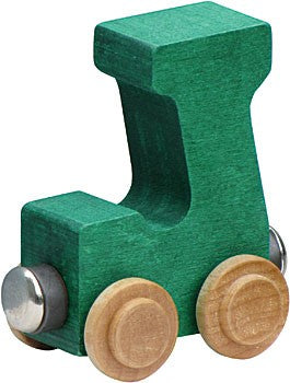 Nametrain Letter J wooden train car in green with natural wheels and magnets for kids' name train sets.