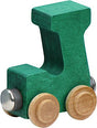 Nametrain Letter J wooden train car in green with natural wheels and magnets for kids' name train sets.