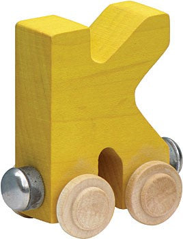Nametrain Letter K wooden train car in yellow, made from sustainably-harvested maple, 2.5" tall for kids' wooden railway sets.