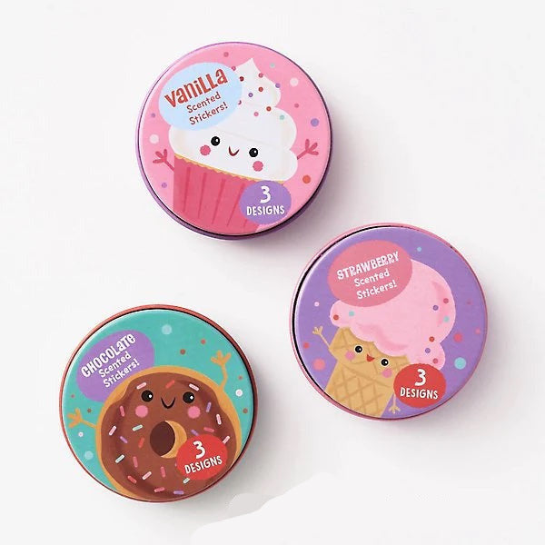 Sweet Scented Stickers Tin featuring cute vanilla, strawberry, and chocolate scratch and sniff sticker designs.