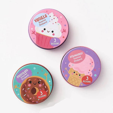 Sweet Scented Stickers Tin featuring cute vanilla, strawberry, and chocolate scratch and sniff sticker designs.