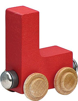 Nametrain Letter L wooden toy car in red with natural wheels for kids, part of the NameTrain series.