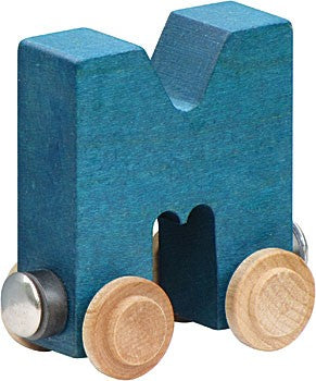 Nametrain Letter M wooden toy train car in blue with magnetic wheels for kids, made of sustainably harvested maple.