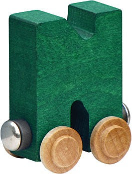 Nametrain Letter N wooden train car in green, part of a sustainable, non-toxic kids' name train set from Vermont.